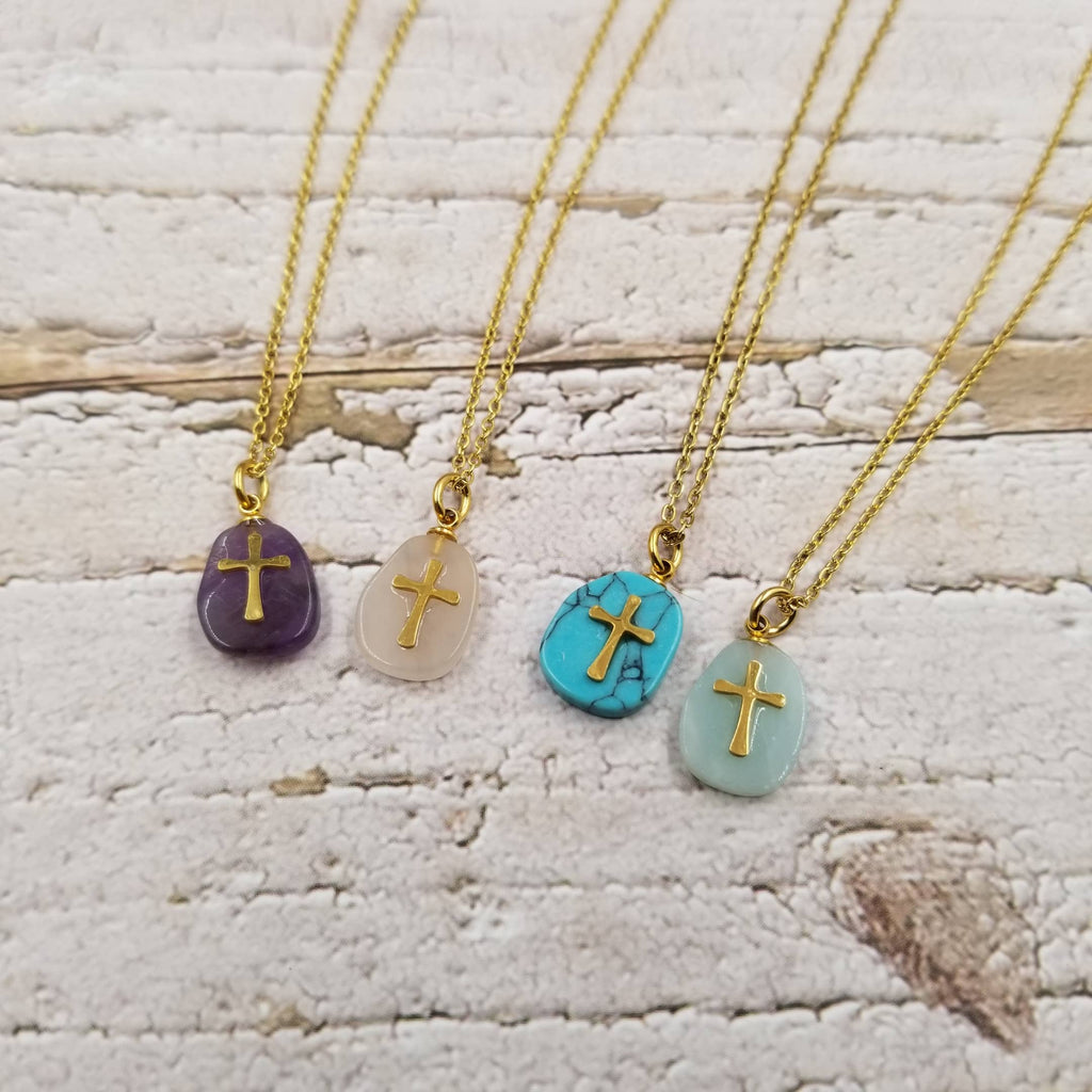 Natural Stone Cross Necklace: Purple-Treasure Wholesale-Three Birdies Boutique, Women's Fashion Boutique Located in Kearney, MO