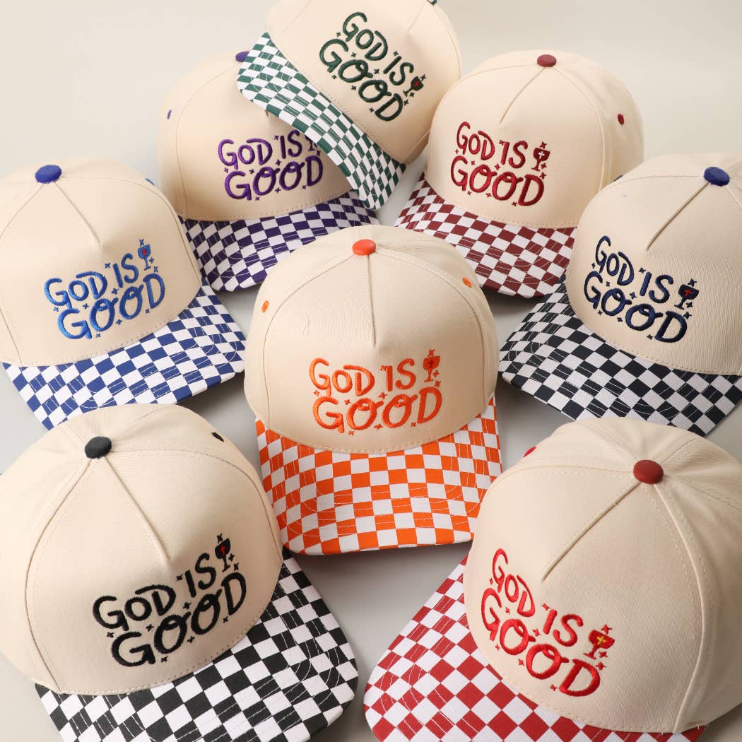 GOD IS GOOD Embroidered Checkered Brim Trucker Hat: RED / ONE SIZE { product_type }}