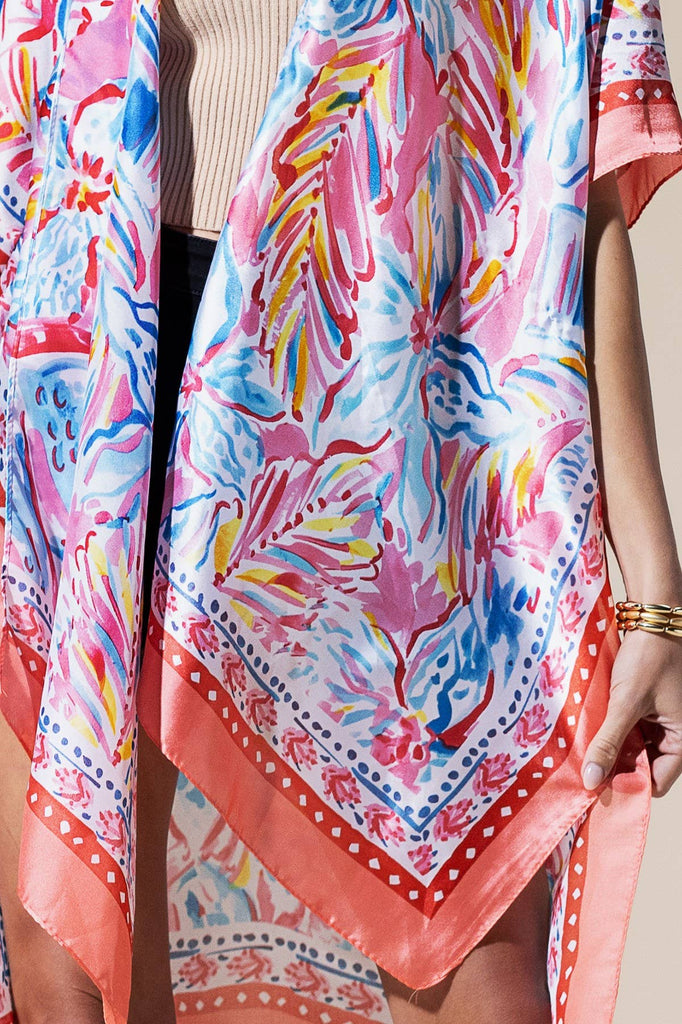 Coral Flowing Silky Feel Kimono with Flower Print-Urbanista-Three Birdies Boutique, Women's Fashion Boutique Located in Kearney, MO