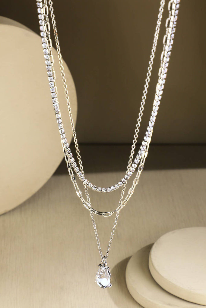 Silver Triple Layer Crystal Teardrop Necklace-Urbanista-Three Birdies Boutique, Women's Fashion Boutique Located in Kearney, MO