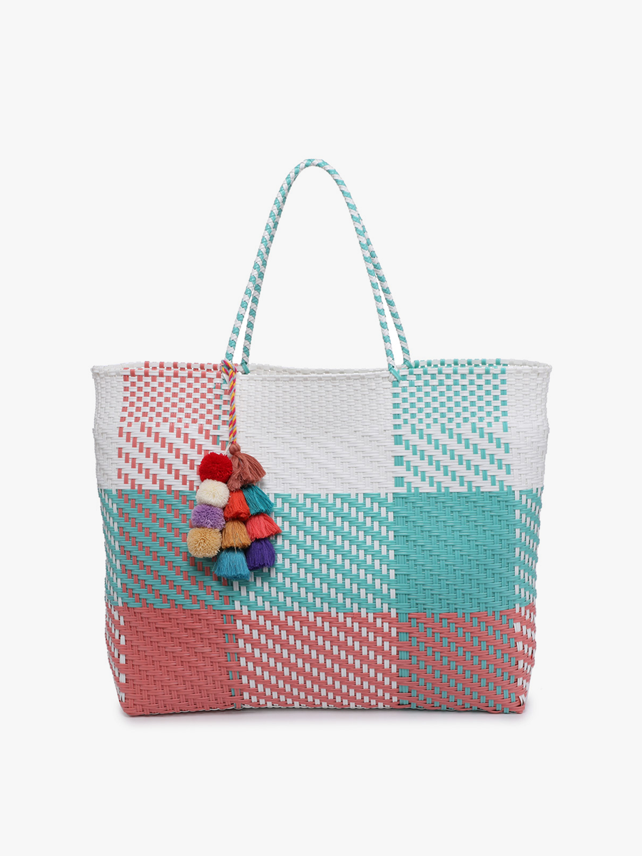 Shelby Large Handwoven Tote with Pom-Poms - Plaid Turquoise/Pink { product_type }}