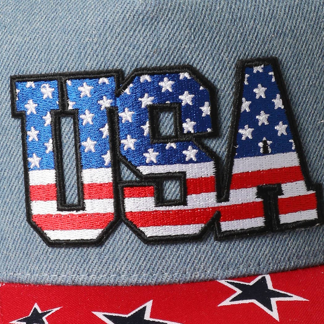 USA Embroidered Letter Patch Denim Trucker Hat: DENIM-RED / ONE SIZE { product_type }}