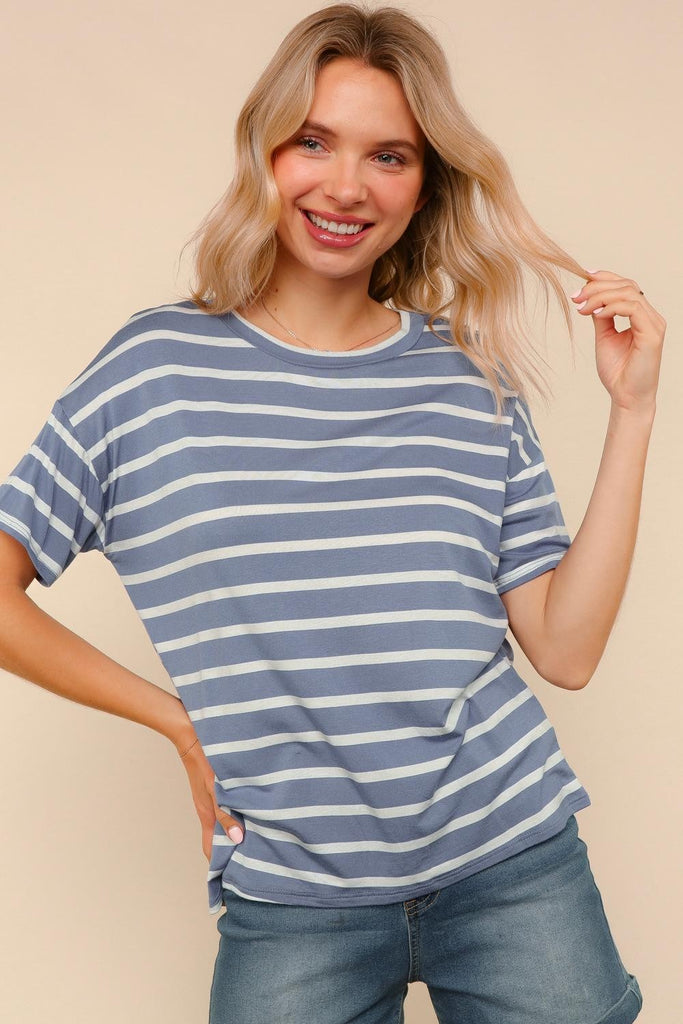 Short Sleeve Stripe Knit Top-Shirts & Tops-Haptics-Three Birdies Boutique, Women's Fashion Boutique Located in Kearney, MO