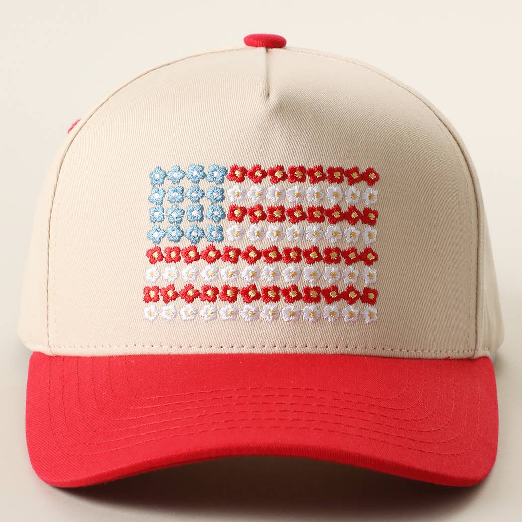 Floral American Flag Embroidered Two-Tone Denim Trucker Hat: LT DENIM / ONE SIZE { product_type }}