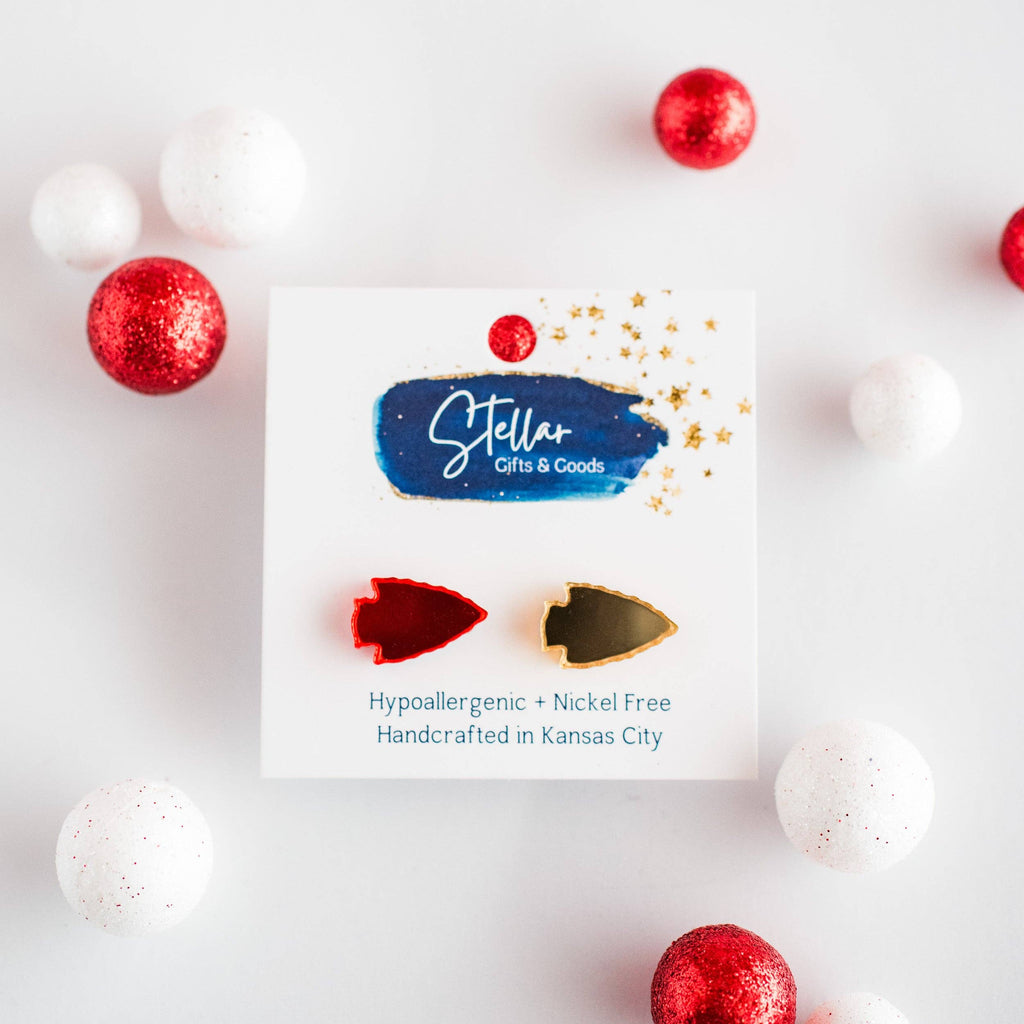 Red & Gold Mirror Arrowhead Studs - Kansas City Football-Stellar Gifts & Goods Wholesale-Three Birdies Boutique, Women's Fashion Boutique Located in Kearney, MO