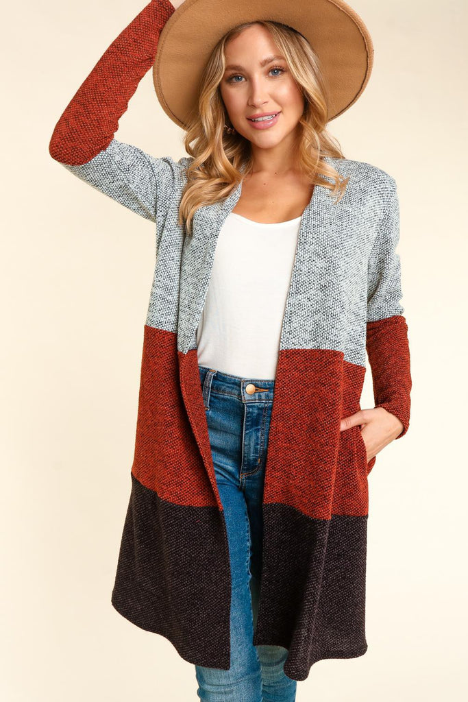 Long Sleeve Color Block Open Cardigan-Cardigan-Haptics-Three Birdies Boutique, Women's Fashion Boutique Located in Kearney, MO