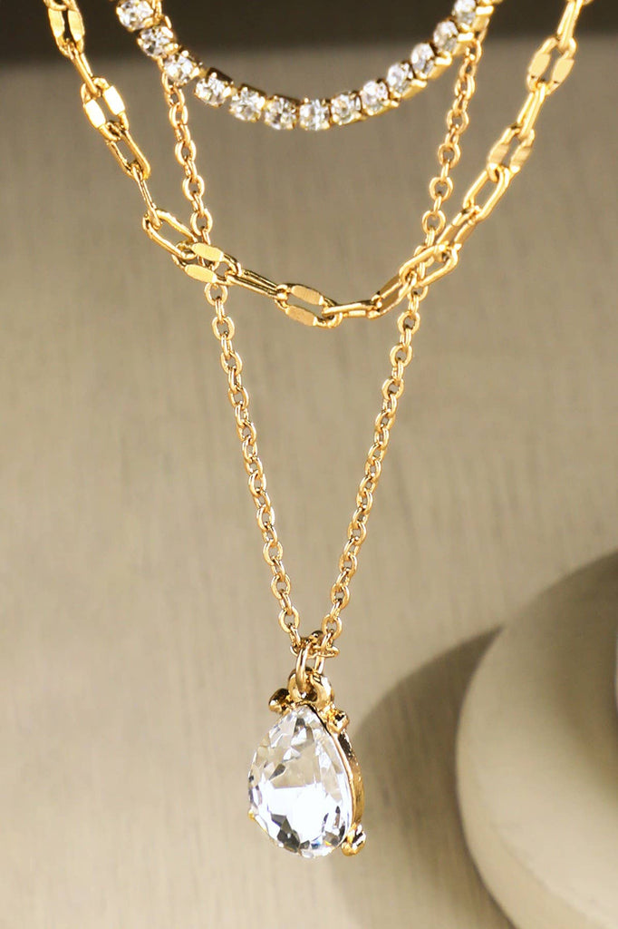 Silver Triple Layer Crystal Teardrop Necklace-Urbanista-Three Birdies Boutique, Women's Fashion Boutique Located in Kearney, MO