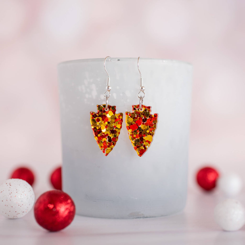 Petite Red & Gold Confetti Arrowhead Dangles KC Chiefs-Jewelry-Stellar Gifts & Goods Wholesale-Three Birdies Boutique, Women's Fashion Boutique Located in Kearney, MO