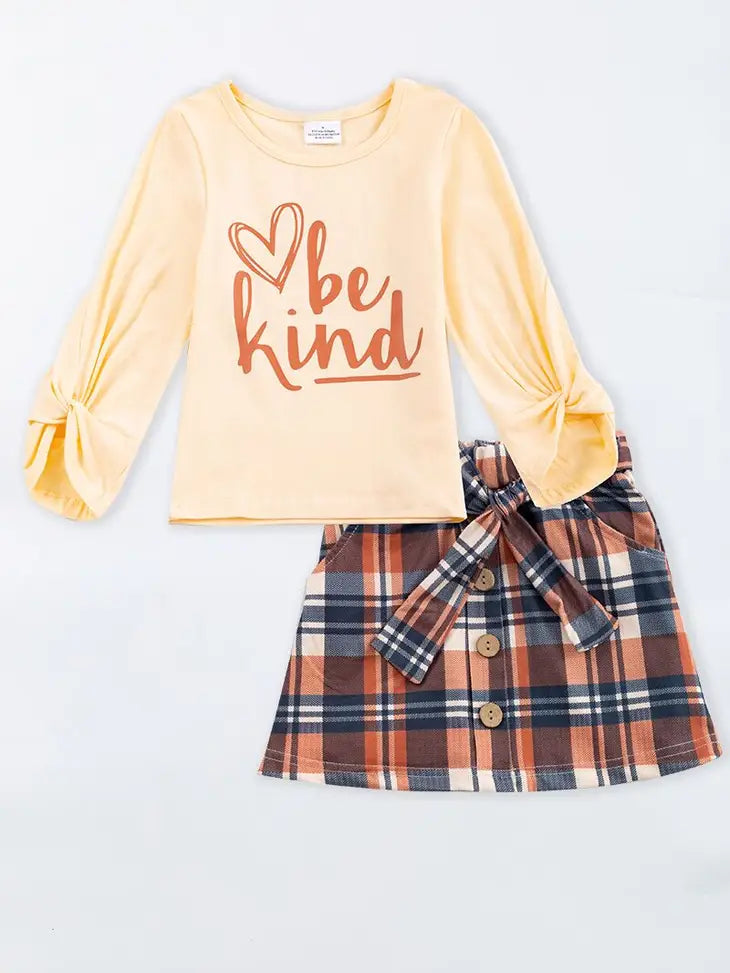 Beige "Be Kind" Plaid Skirt Set-Kids Outfit-Honeydew-Three Birdies Boutique, Women's Fashion Boutique Located in Kearney, MO