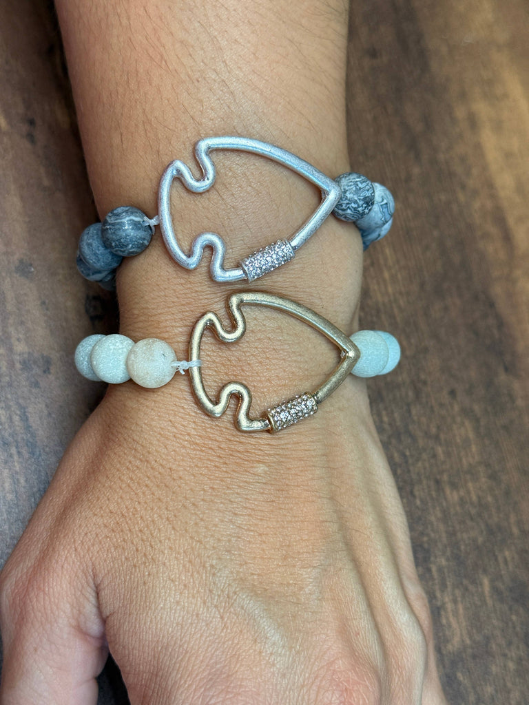 NEW! Bling Arrowhead Chunky Stone Stretch Bracelet: Map Jasper-Paco Designs-Three Birdies Boutique, Women's Fashion Boutique Located in Kearney, MO