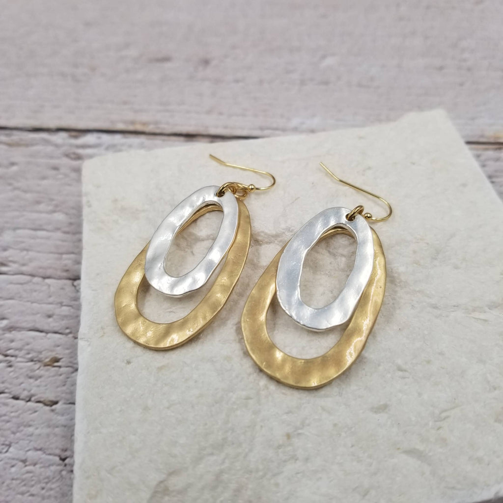 Mixed Metal Double Oval Earrings-Treasure Wholesale-Three Birdies Boutique, Women's Fashion Boutique Located in Kearney, MO