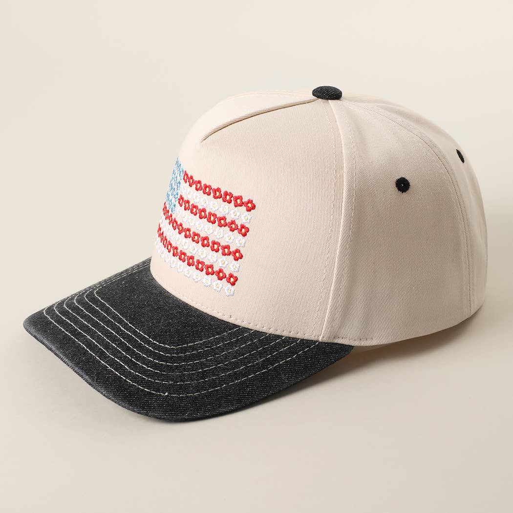 Floral American Flag Embroidered Two-Tone Denim Trucker Hat: LT DENIM / ONE SIZE { product_type }}