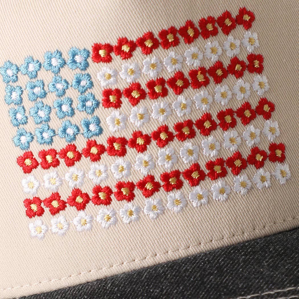 Floral American Flag Embroidered Two-Tone Denim Trucker Hat: LT DENIM / ONE SIZE { product_type }}