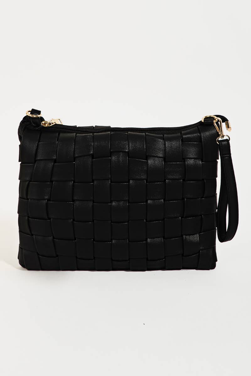 Faux Leather Basket Weave Hand Bag: BK { product_type }}