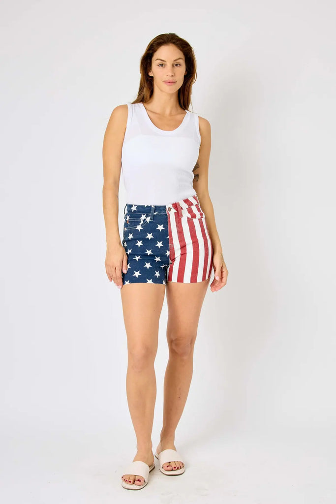 Judy Blue HW Americana Flag Fray Hem Shorts-Shorts-Judy Blue-Three Birdies Boutique, Women's Fashion Boutique Located in Kearney, MO