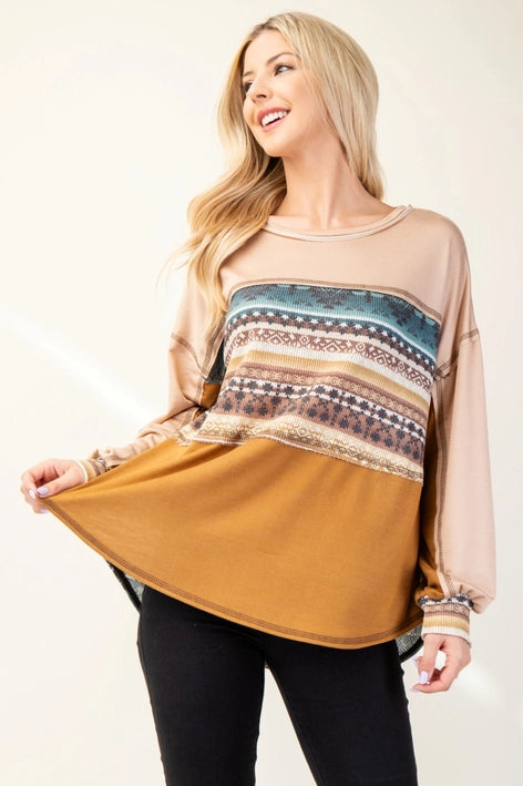 Color Block Aztec Print Top-Shirts & Tops-Celeste Clothing-Three Birdies Boutique, Women's Fashion Boutique Located in Kearney, MO