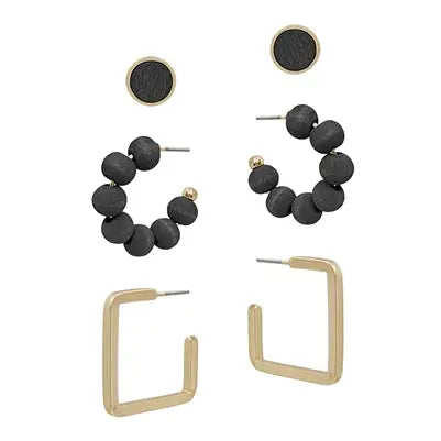 Set of Three Wooden Stud, Huggie Hoop and Gold Earring-Earrings-What's Hot-Three Birdies Boutique, Women's Fashion Boutique Located in Kearney, MO