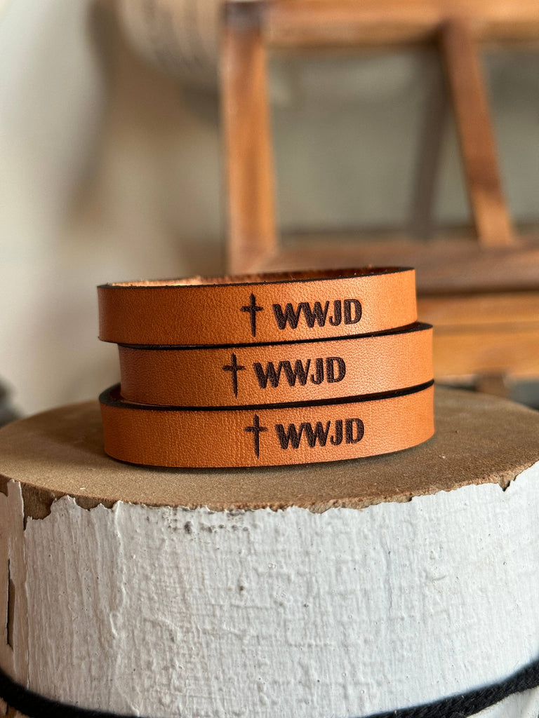 WWJD Thin Leather Bracelet: WWJD-New Market Farmhouse-Three Birdies Boutique, Women's Fashion Boutique Located in Kearney, MO