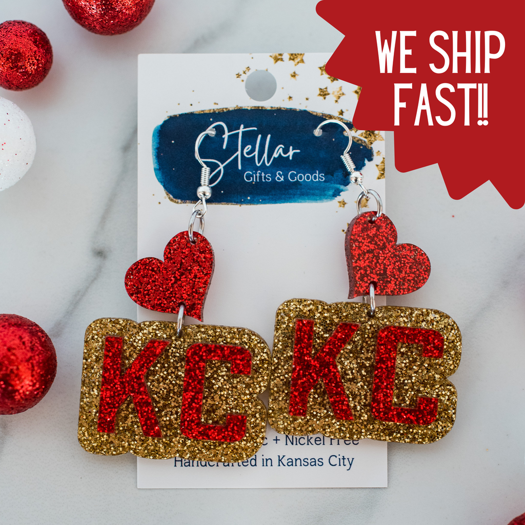 KC Football - Glitter KC Heart Drops Kansas City Red Gold-Jewelry-Stellar Gifts & Goods Wholesale-Three Birdies Boutique, Women's Fashion Boutique Located in Kearney, MO