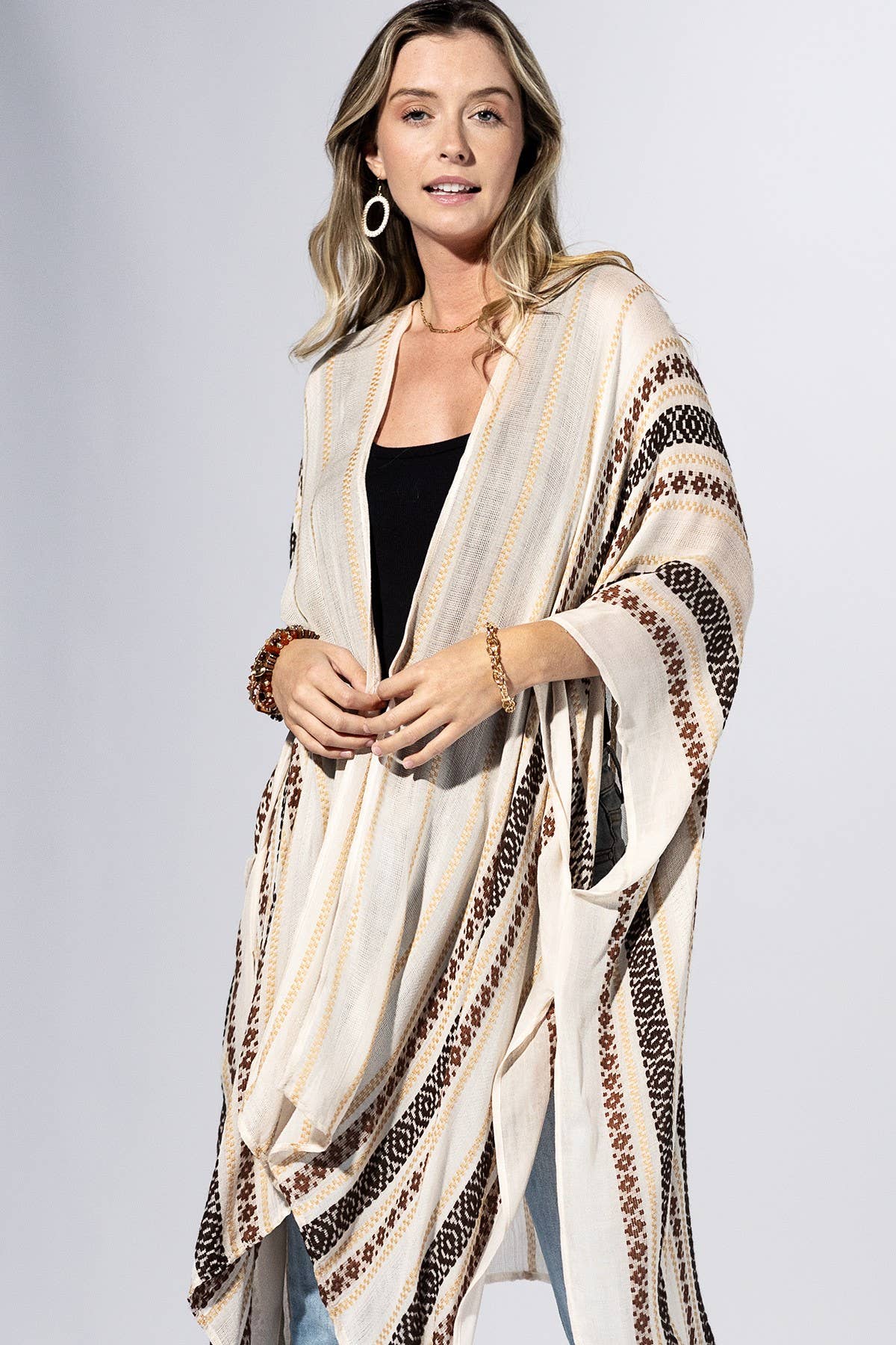 Eggshell Canyon Stripe Kimono: 12-EGGSHELL / 2 / One Size-Urbanista-Three Birdies Boutique, Women's Fashion Boutique Located in Kearney, MO