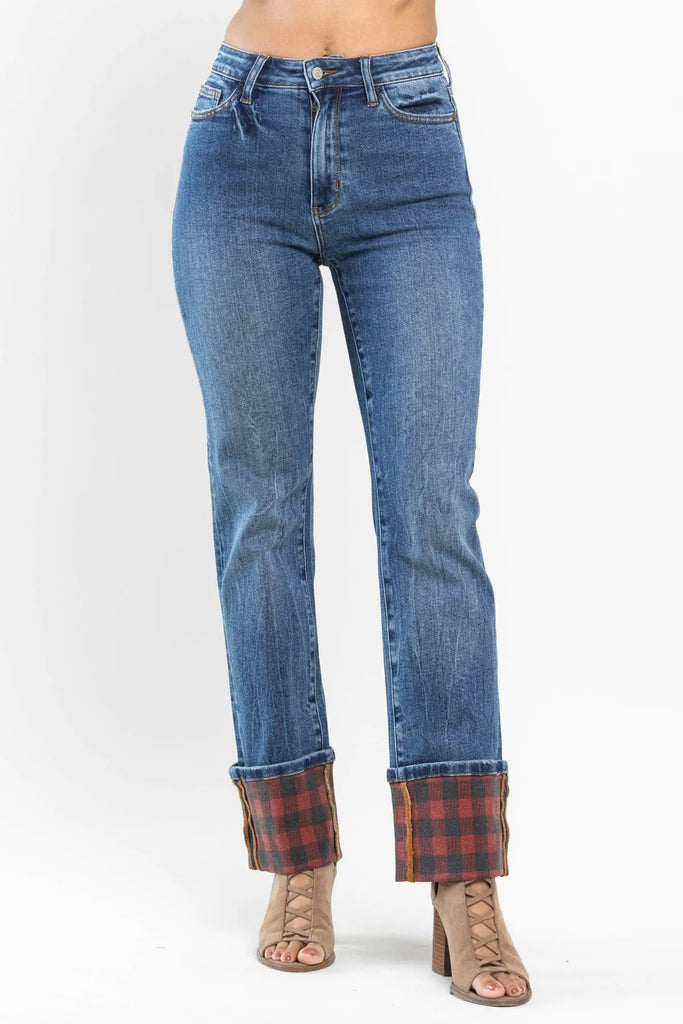 Judy Blue Buffalo Plaid Cuff Straight Leg-Denim-Judy Blue-Three Birdies Boutique, Women's Fashion Boutique Located in Kearney, MO