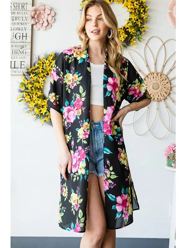 Multi Color Floral Print Kimono-Shirts & Tops-Heimish-Three Birdies Boutique, Women's Fashion Boutique Located in Kearney, MO