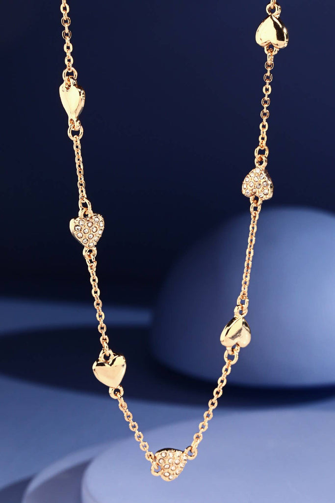 Chain Link Necklace with Pave Heart Pendants: GOLD(GDCRY)-Urbanista-Three Birdies Boutique, Women's Fashion Boutique Located in Kearney, MO
