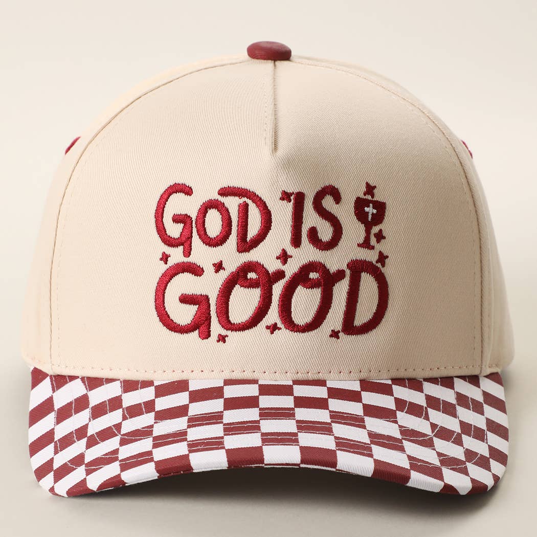 GOD IS GOOD Embroidered Checkered Brim Trucker Hat: RED / ONE SIZE { product_type }}