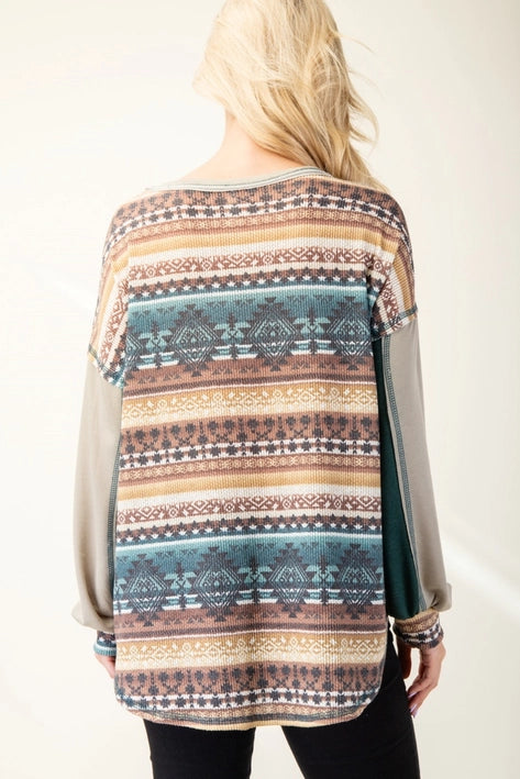 Color Block Aztec Print Top-Shirts & Tops-Celeste Clothing-Three Birdies Boutique, Women's Fashion Boutique Located in Kearney, MO