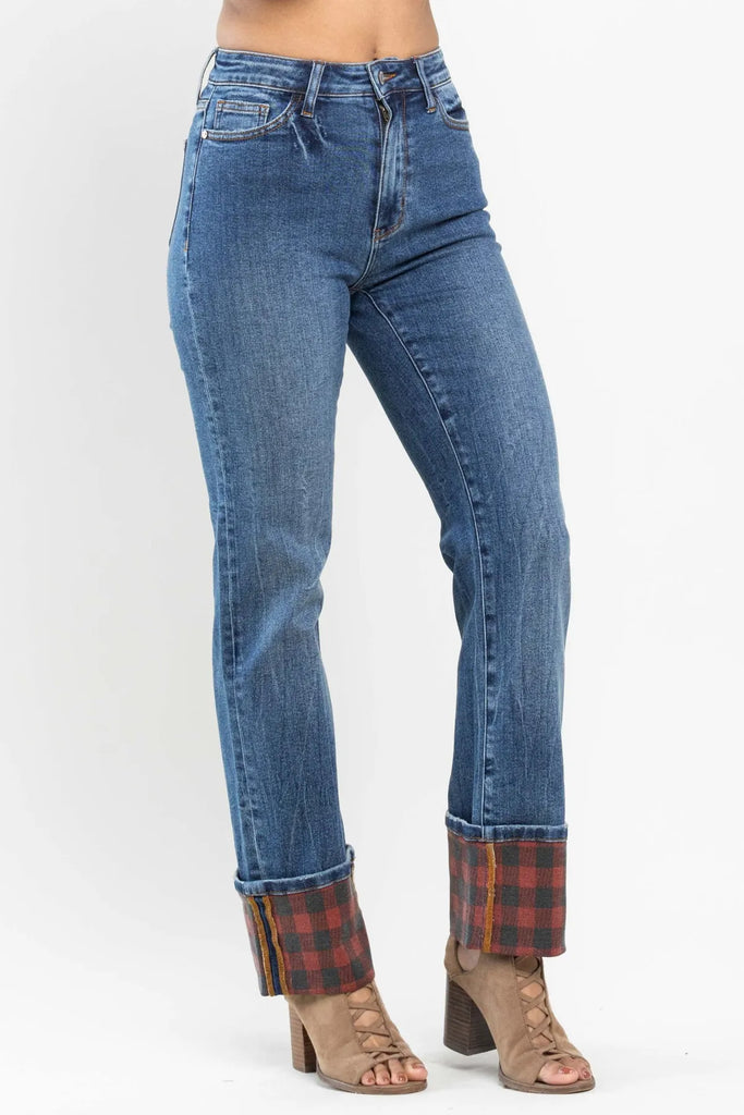 Judy Blue Buffalo Plaid Cuff Straight Leg-Denim-Judy Blue-Three Birdies Boutique, Women's Fashion Boutique Located in Kearney, MO