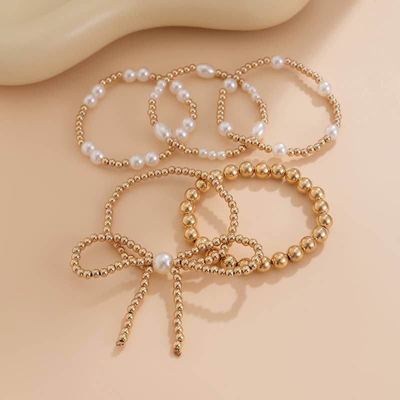 Bow Pearl Bracelet Stack-JOSSLYN by wall to wall-Three Birdies Boutique, Women's Fashion Boutique Located in Kearney, MO