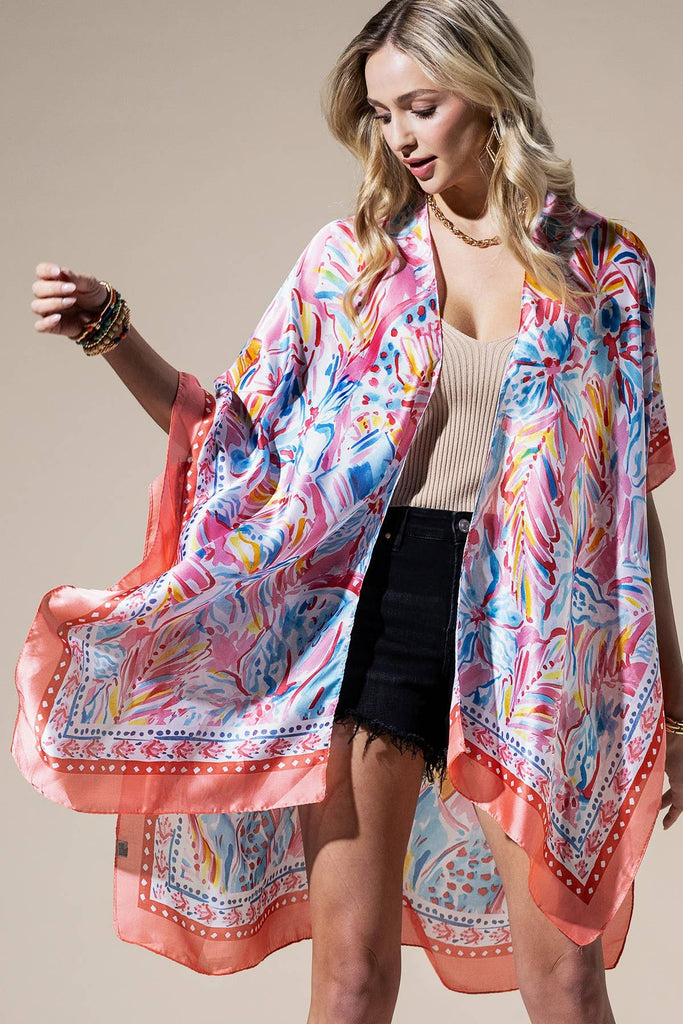Blue Flowing Silky Feel Kimono with Flower Print-Urbanista-Three Birdies Boutique, Women's Fashion Boutique Located in Kearney, MO