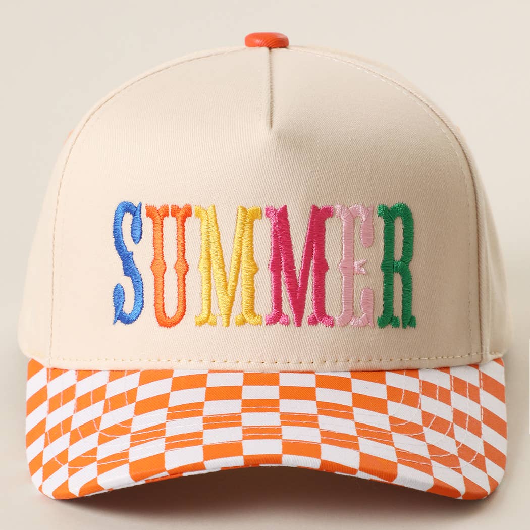 SUMMER Embroidered Checkered Brim Trucker Hat: BLUE / ONE SIZE { product_type }}