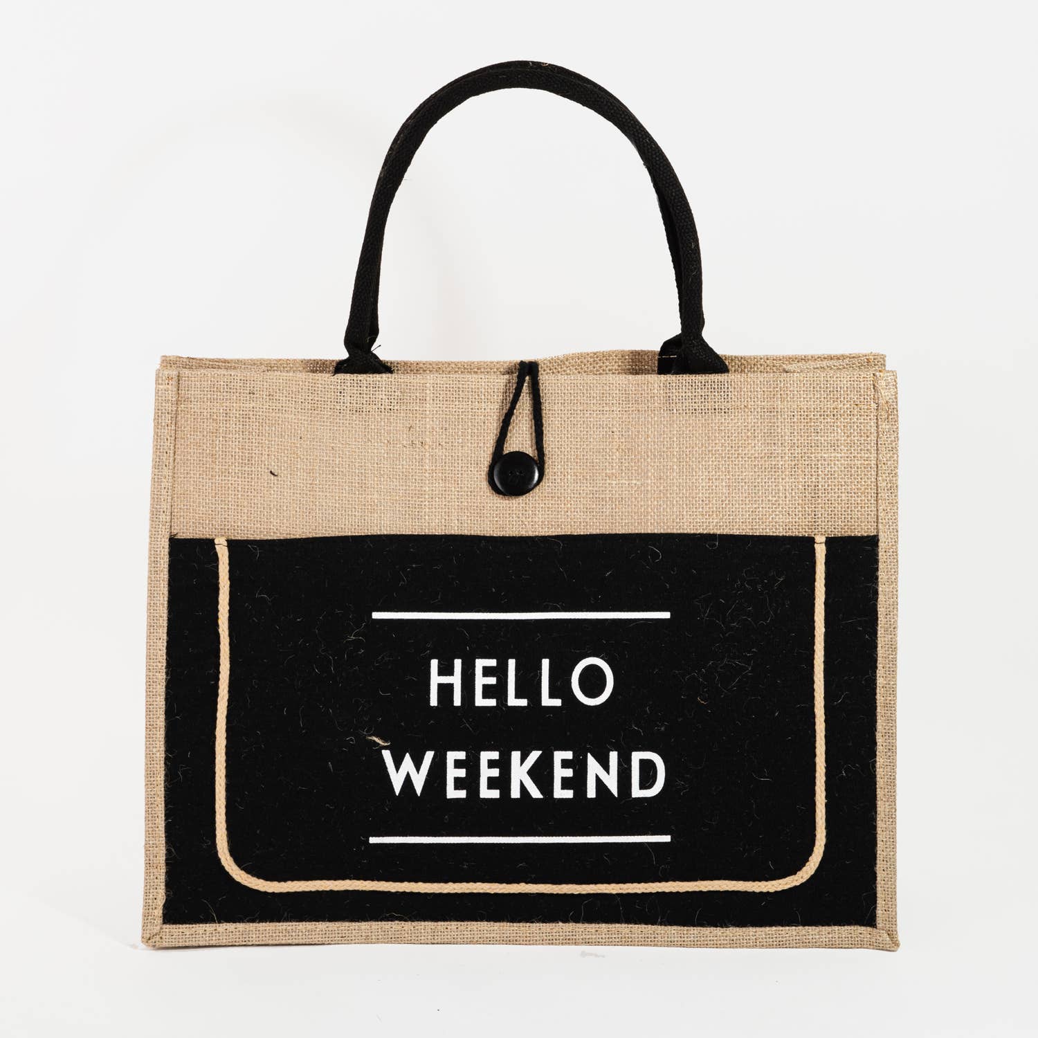 Hello Weekend Burlap Tote Bag: BK { product_type }}