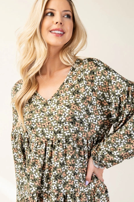 Floral Tiered V-Neck Top-Shirts & Tops-Celeste Clothing-Three Birdies Boutique, Women's Fashion Boutique Located in Kearney, MO