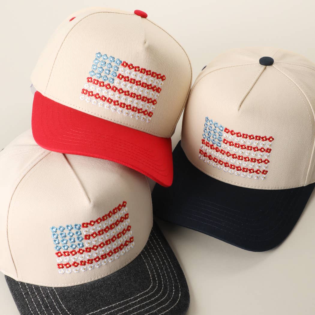 Floral American Flag Embroidered Two-Tone Denim Trucker Hat: LT DENIM / ONE SIZE { product_type }}