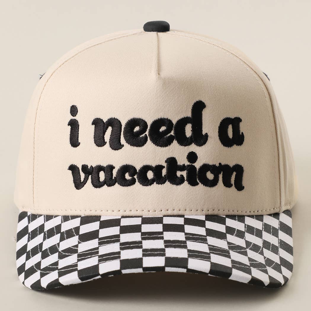 I Need A Vacation Embroidered Checkered Brim Trucker Hat: BLACK / ONE SIZE { product_type }}