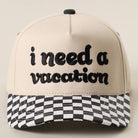 I Need A Vacation Embroidered Checkered Brim Trucker Hat - Black { product_type }}