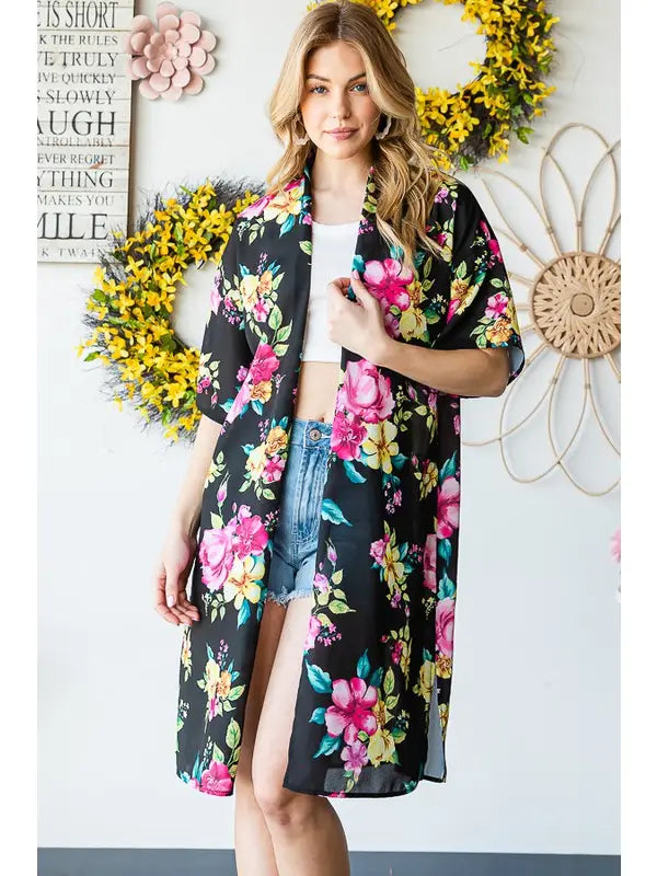 Multi Color Floral Print Kimono-Shirts & Tops-Heimish-Three Birdies Boutique, Women's Fashion Boutique Located in Kearney, MO