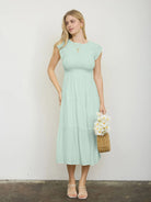 Tiered Smocked Short Sleeve Midi Dress { product_type }}