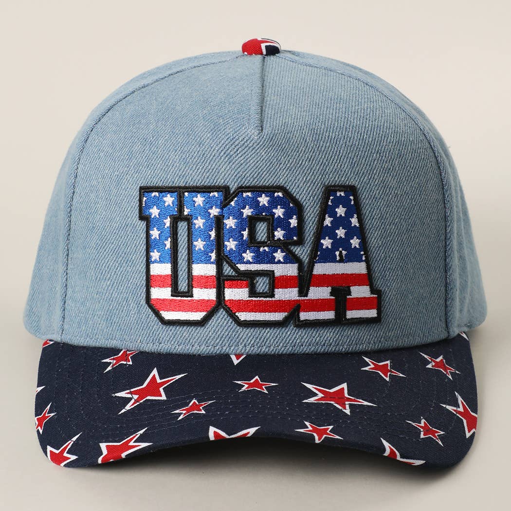 USA Embroidered Letter Patch Denim Trucker Hat: DENIM-RED / ONE SIZE { product_type }}