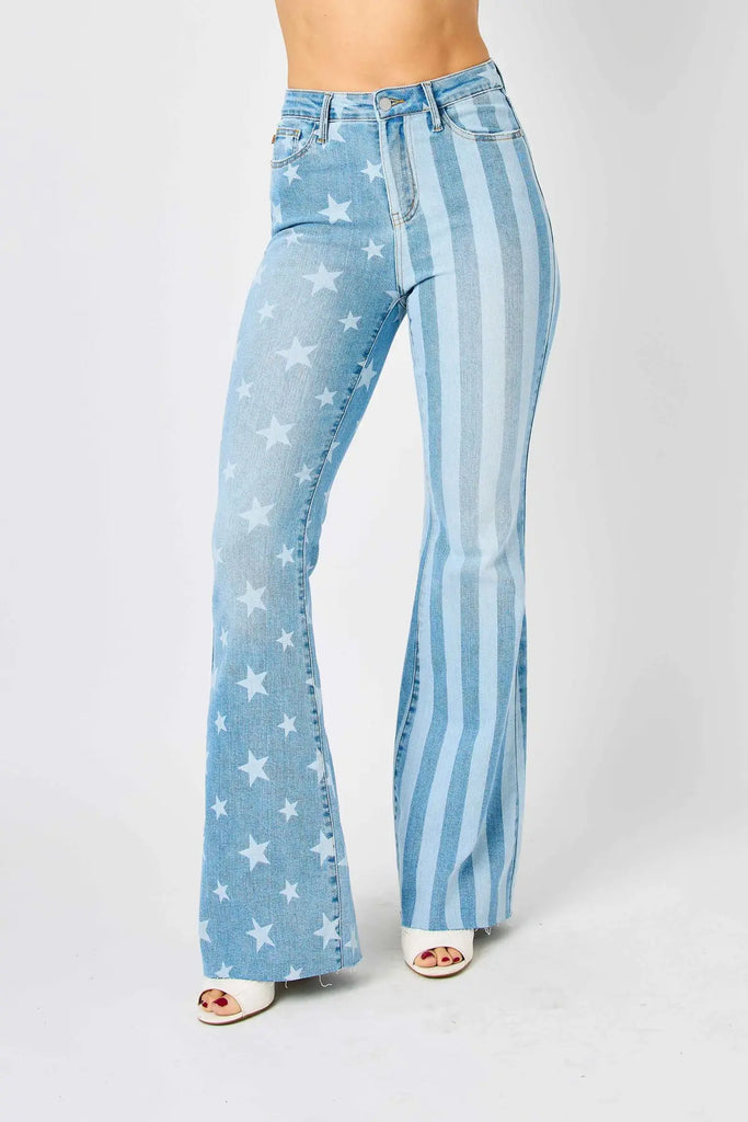 Judy Blue HW Stars & Stripes Bleach Discharge Flare Jeans-Denim-Judy Blue-Three Birdies Boutique, Women's Fashion Boutique Located in Kearney, MO