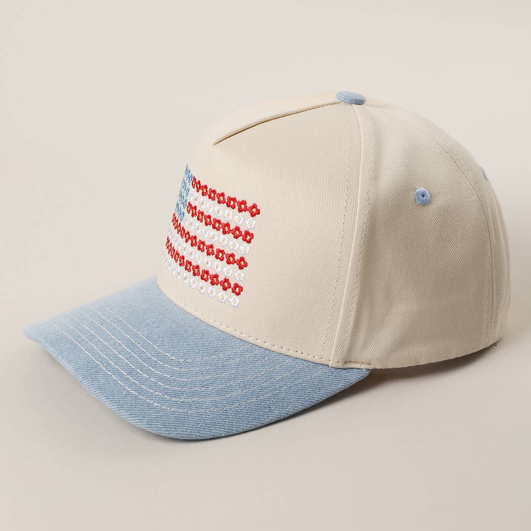 Floral American Flag Embroidered Two-Tone Denim Trucker Hat: LT DENIM / ONE SIZE { product_type }}