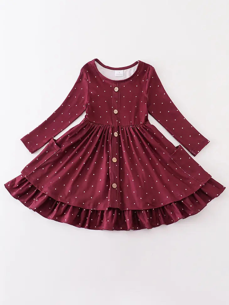 Maroon Dot Pocket Girl Dress-Kids Outfit-Honeydew-Three Birdies Boutique, Women's Fashion Boutique Located in Kearney, MO