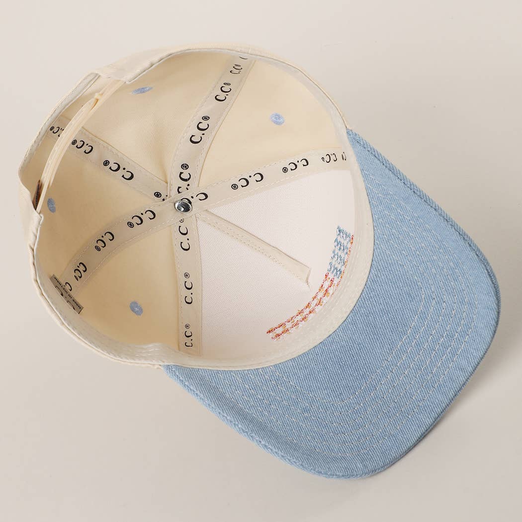 Floral American Flag Embroidered Two-Tone Denim Trucker Hat: LT DENIM / ONE SIZE { product_type }}