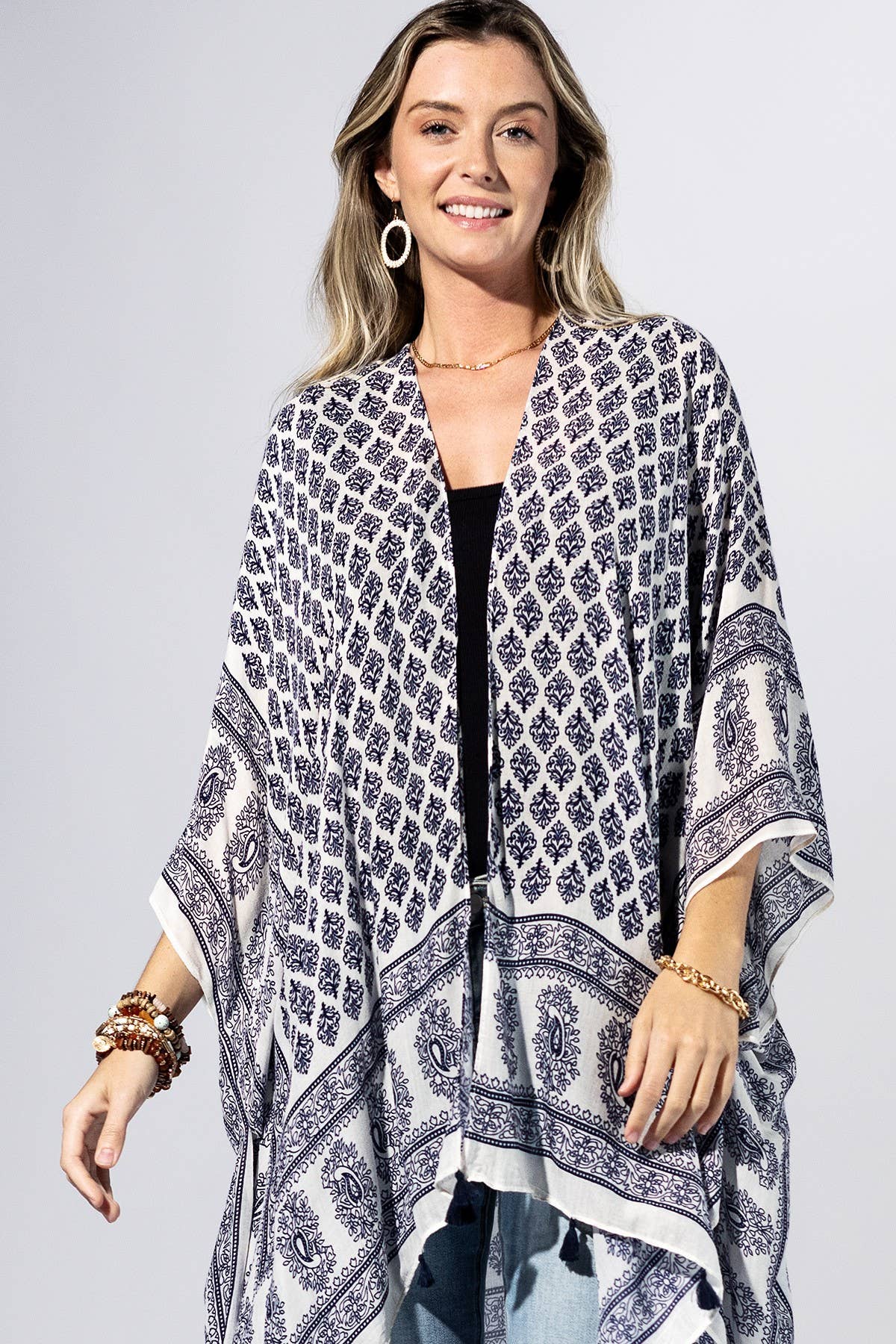 Indigo Mosaic Border Kimono { product_type }}