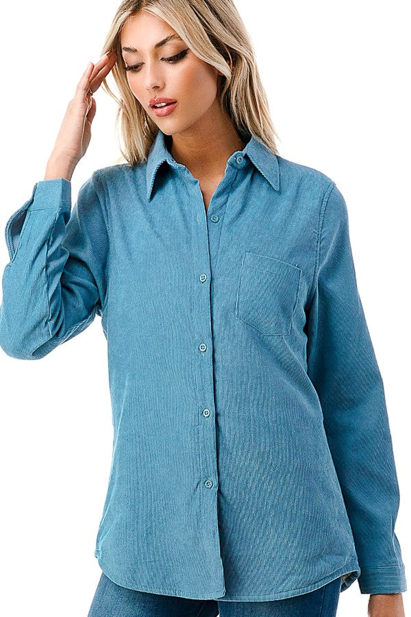 Corduroy Button Down Shirt-Sweater-Luna-Three Birdies Boutique, Women's Fashion Boutique Located in Kearney, MO