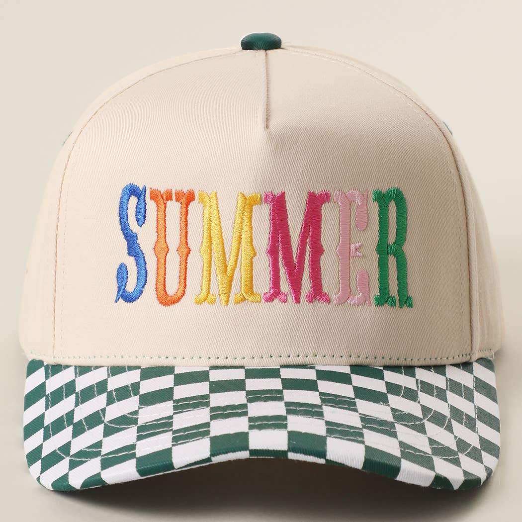 SUMMER Embroidered Checkered Brim Trucker Hat: BLUE / ONE SIZE { product_type }}