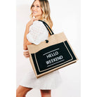 Hello Weekend Burlap Tote Bag: BK { product_type }}