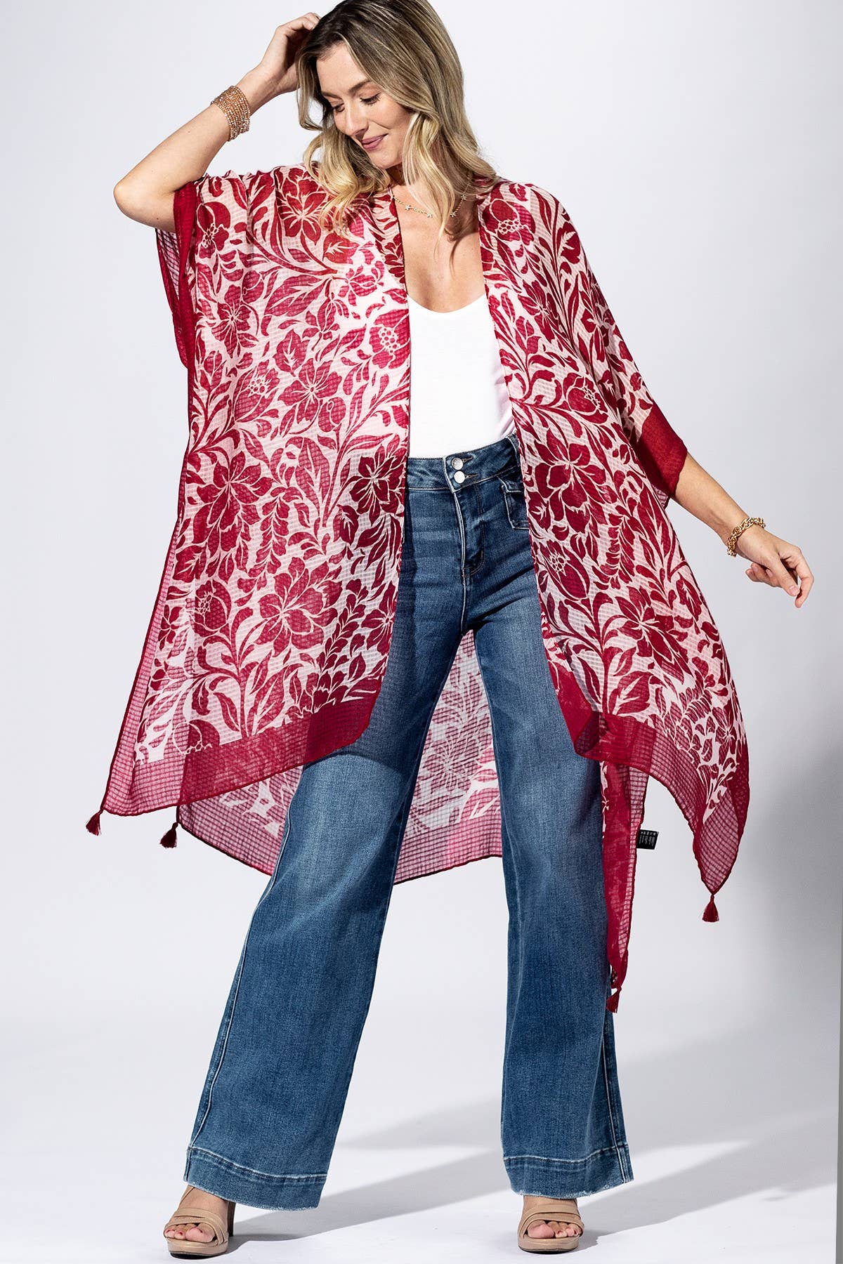 Punch Paisley Border Kimono: PUNCH RED / 2 / One Size-Urbanista-Three Birdies Boutique, Women's Fashion Boutique Located in Kearney, MO